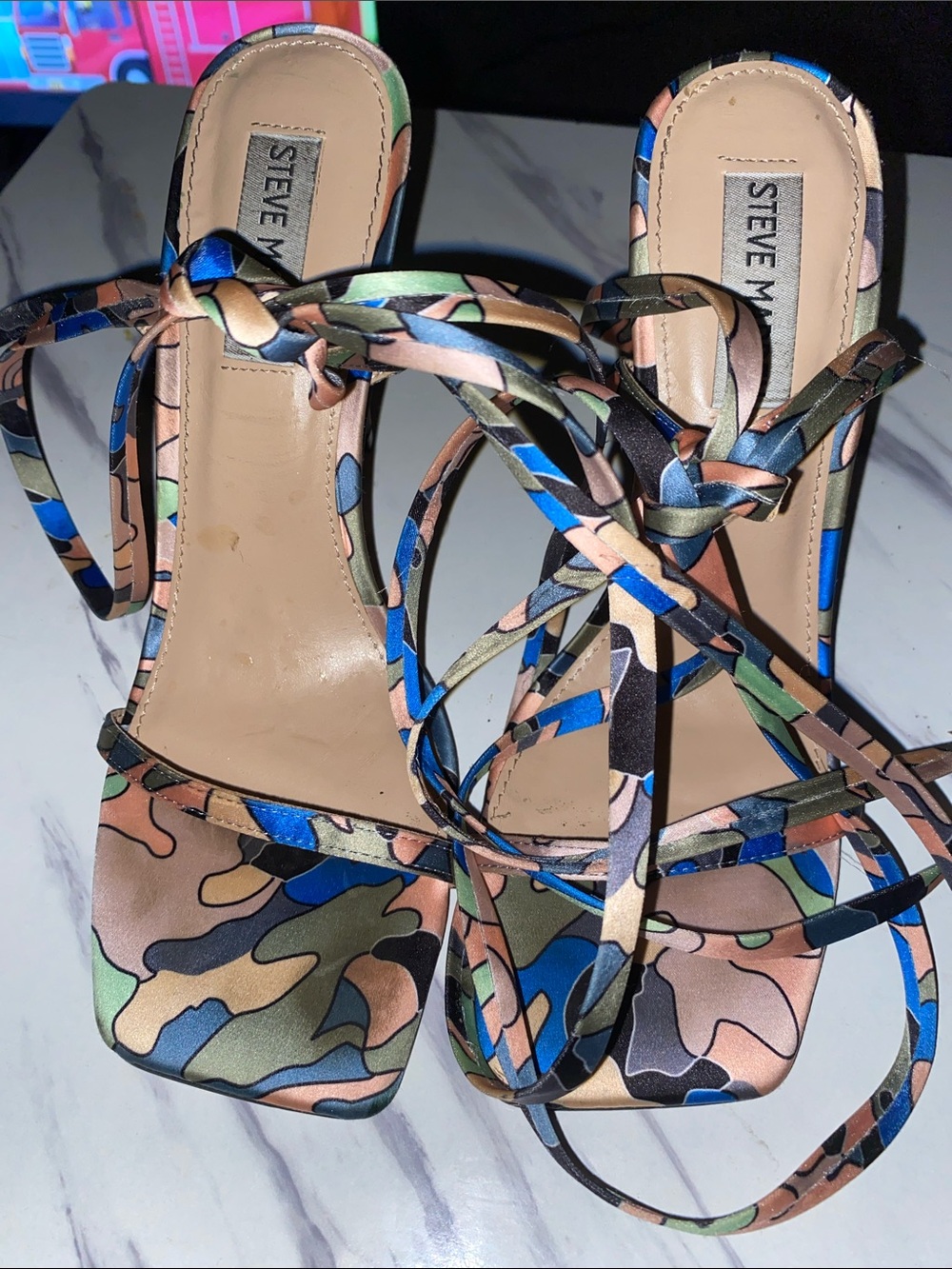 Steve Madden Multicolor Camo Wrap-Heel Sandals - Blue, Green, Tan, Black